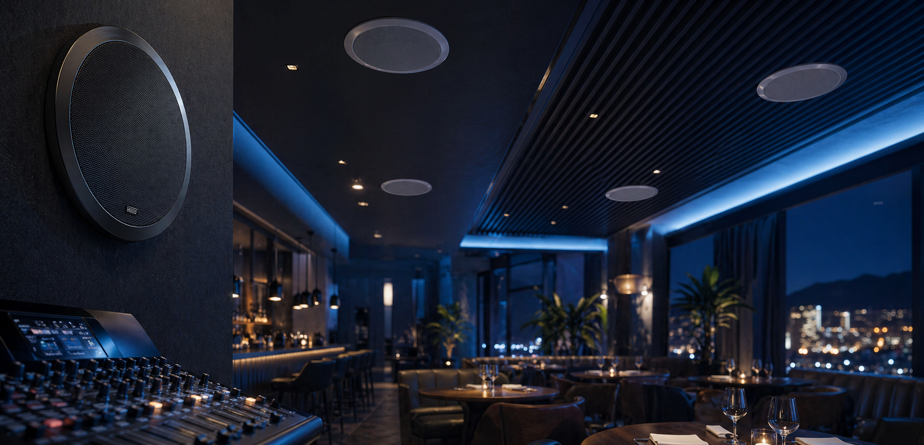 Custom sound systems hero image with ceiling speakers, audio mixer, and upscale hospitality venue ambiance.
