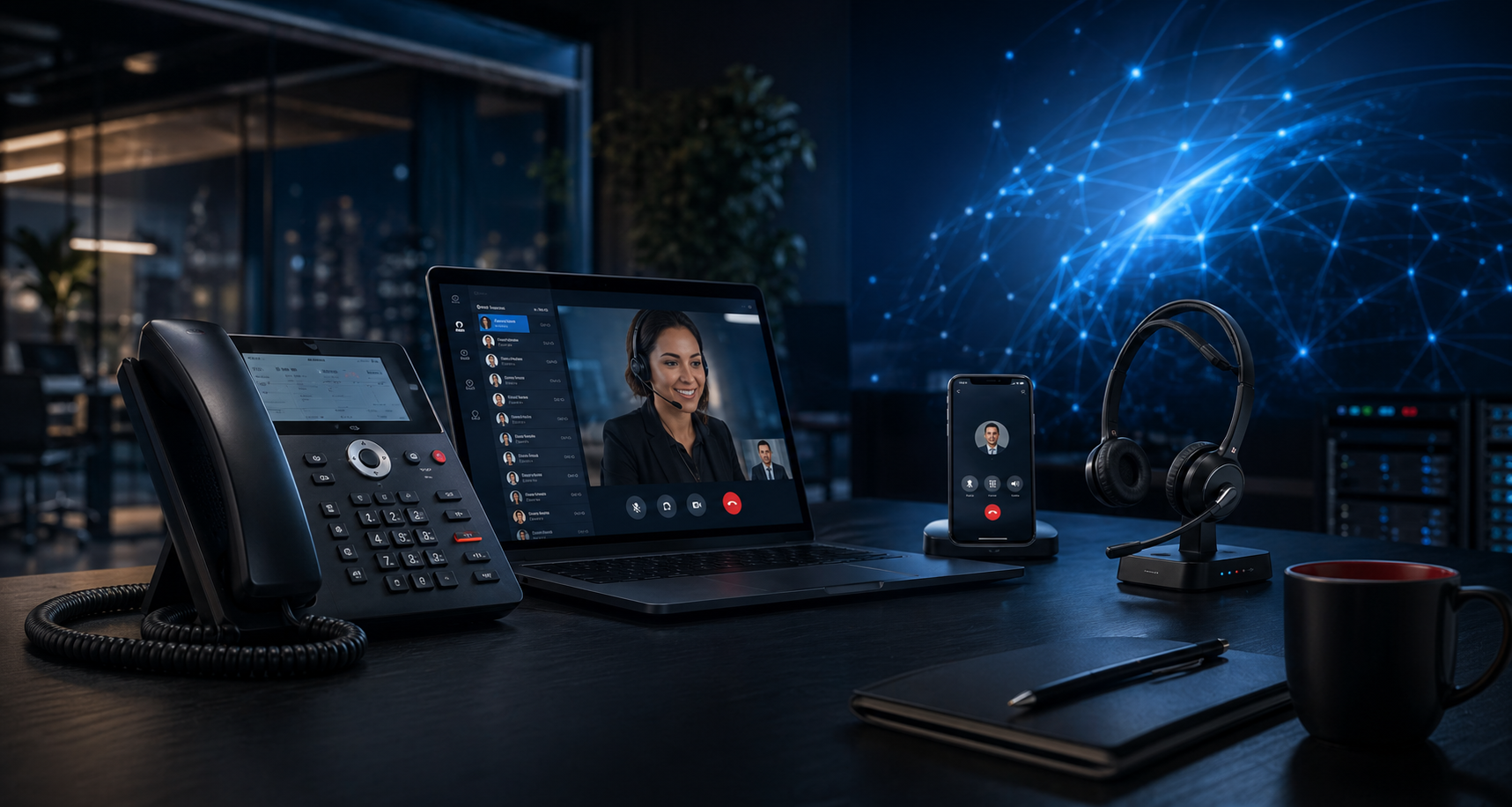 Custom VoIP hero image with office desk phone, video call screen, mobile app, and headset in a modern workspace.
